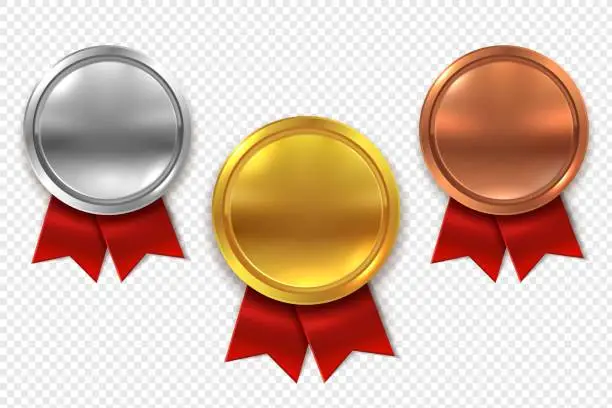 Vector illustration of Empty medals. Blank round gold silver and bronze medal with red ribbons isolated vector set