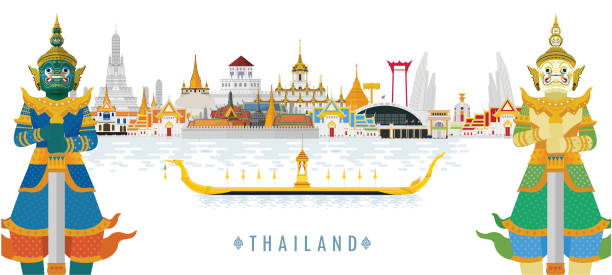 태국, 가디언 자이언트, 태국 여행 컨셉에 오신 것을 환영 합니다. - bangkok thailand temple skyline stock illustrations