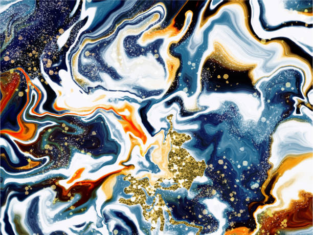 istock Abstract blue, gold, white, orange, black paint horizontal background. Swirls of marble or the ripples of agate. Liquid marble texture. Fluid art. Vector illustration 1151810134
