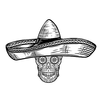 Mexican sugar skull in sombrero. Day of the dead theme. Design element for poster, t shirt, emblem, sign.