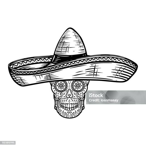 Mexican Sugar Skull In Sombrero Day Of The Dead Theme Design Element For Poster T Shirt Emblem Sign Stock Illustration - Download Image Now