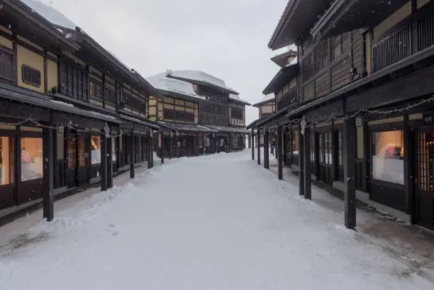 Japanese shopping street with traditional buildings in Winter
