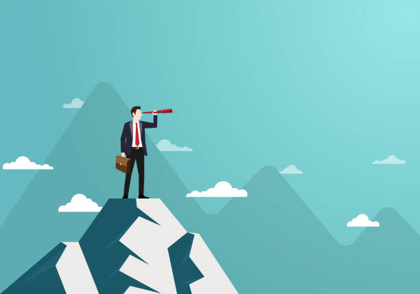 Successful vision concept with character of businessman and telescope Business finance, Successful vision concept with character of businessman and telescope, A man standing on top of mountain, Looking of sucess, Leadership, Business Startup, Vector illustration flat mountain peak clouds stock illustrations