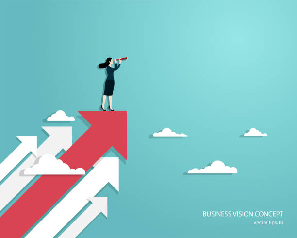 Woman using telescope standing on arrow Business vision and target, Business woman holding telescope standing on red arrow up go to success in career. Concept business, Achievement, Character, Leader, Vector illustration flat moving up illustrations stock illustrations