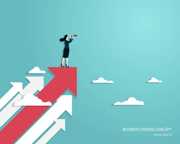 Woman using telescope standing on arrow Business vision and target, Business woman holding telescope standing on red arrow up go to success in career. Concept business, Achievement, Character, Leader, Vector illustration flat growth concept stock illustrations