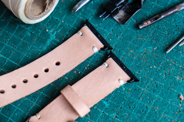 istock Genuine pink vegetable tanned leather making watch strap 1151812914