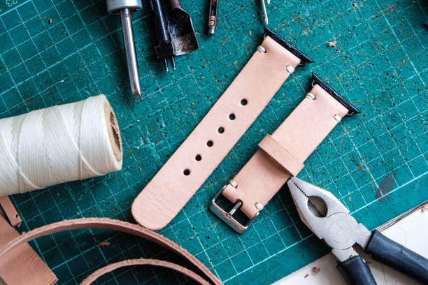 istock Genuine pink vegetable tanned leather making watch strap 1151812963