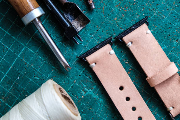 istock Genuine pink vegetable tanned leather making watch strap 1151812971