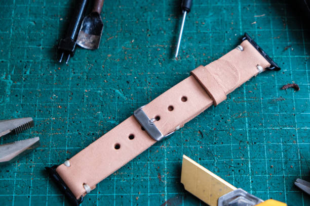 istock Genuine pink vegetable tanned leather making watch strap 1151813971