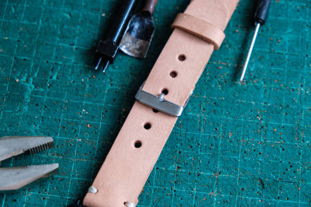 istock Genuine pink vegetable tanned leather making watch strap 1151813972