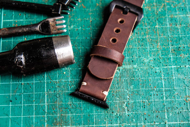 istock Genuine leather watch band strap handmade of crafts working 1151815206