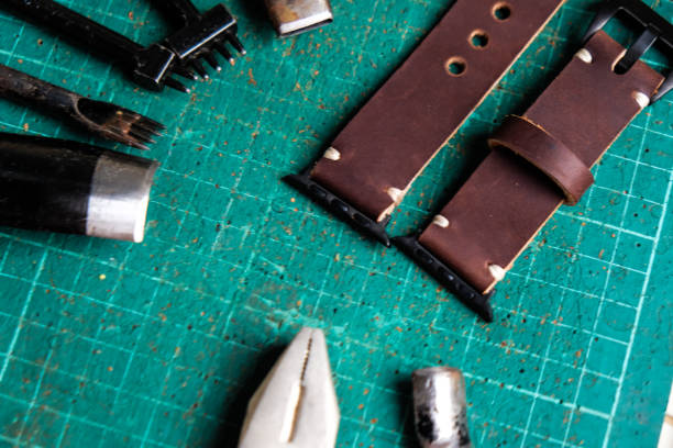 istock Genuine leather watch band strap handmade of crafts working 1151815232