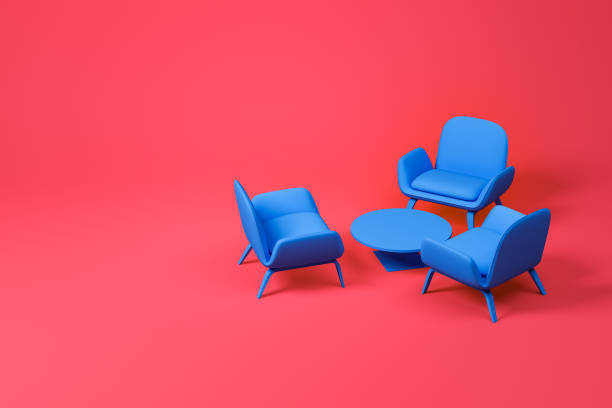istock Blue lounge room furniture set on red 1151815407