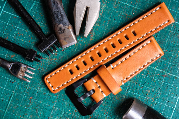 istock Genuine leather watch band strap handmade of crafts working 1151815452