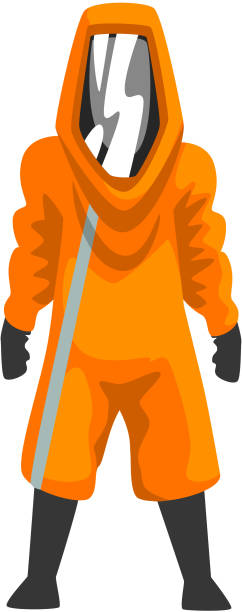 человек в оранжевом защитном костюме, шлеме и маске, химической, радиоактивной, токсичной, опасной профессиональной безопасности равномер� - radiation protection suit biology danger biochemical warfare stock illustrations