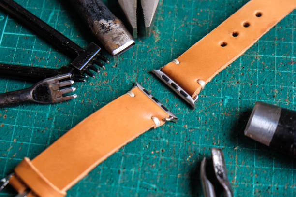 istock Genuine leather watch band strap handmade of crafts working 1151815690
