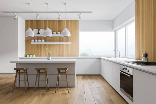 istock White and wooden kitchen, bar and stools 1151817130