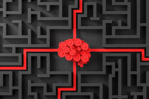 istock Gray maze with mechanic red brain 1151817260