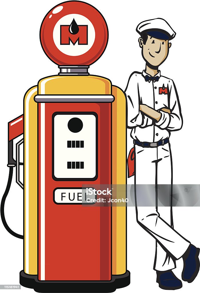 Guy Krzywa na pompy gazu - Grafika wektorowa royalty-free (Dowcip rysunkowy)