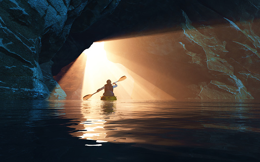 Kayaker afloating to the cave. This is a 3d render illustration