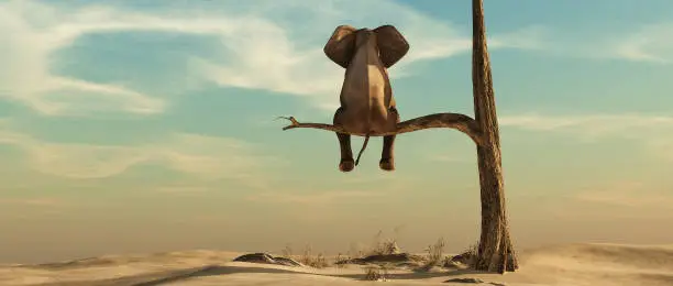 Photo of Elephant stands on thin branch of withered tree in surreal landscape. This is a 3d render illustration