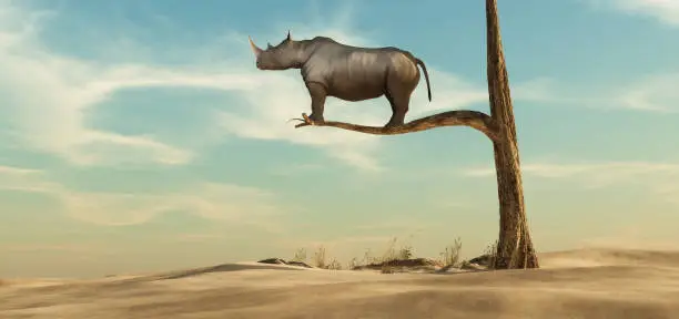 rhino stands on thin branch of withered tree in surreal landscape. This is a 3d render illustration