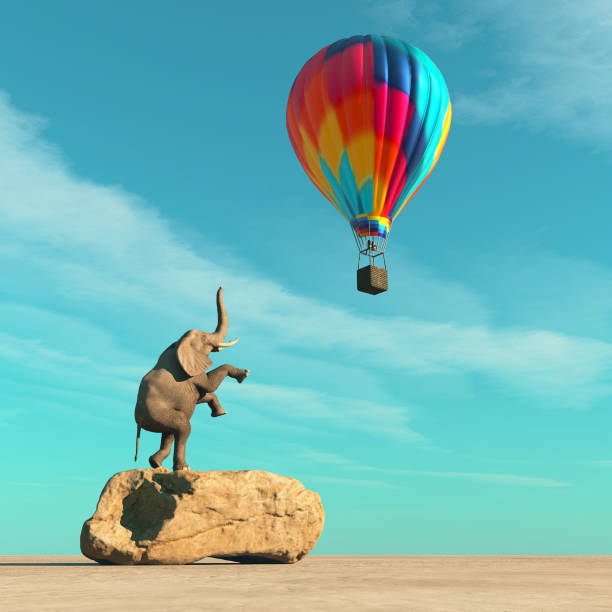 Elephant on a rock rising up to a balloon. This is a 3d render