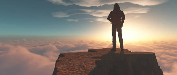 istock Hiker standing on a mountain cliff above clouds at sunset. This is a 3d render 1151822340