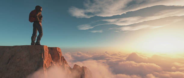 istock Hiker standing on a mountain cliff above clouds at sunset. This is a 3d render 1151822346