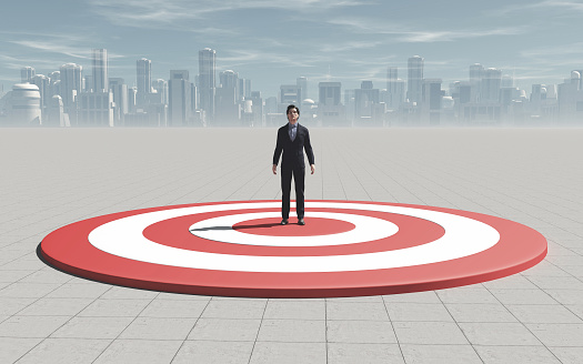 Businessman standing in the middle of arrow target. This is a 3d render