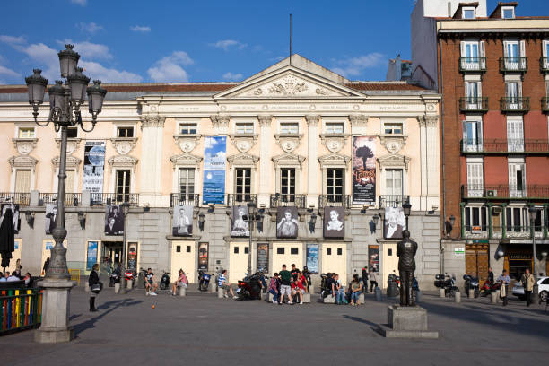 Madrid, Spain - March 28, 2012: Teatro Espanol public theater on Plaza de Santa Ana, city landmark, 19th century Neoclassical style architecture.