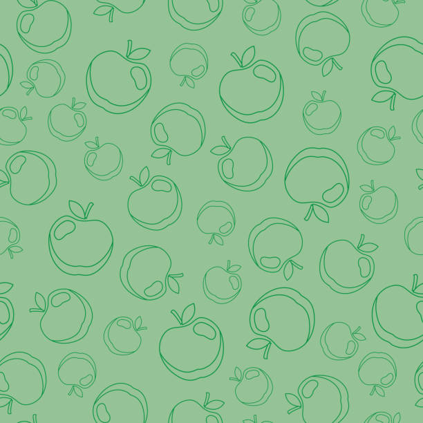Apple line-art seamless pattern on a green background Seamless background with outlined apple fruit on green green apple on green background stock illustrations