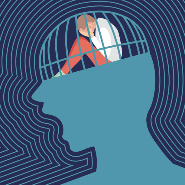 ÐÐµÑÐ°ÑÑ sad person is siting and crying in a screaming head prison. Concept of  depression. Flat vector illustration. teenager sorry stock illustrations