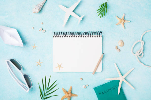istock Planning summer holidays, travel and vacation background. Empty notebook with accessories on blue pastel table top view. Flat lay. 1151827765