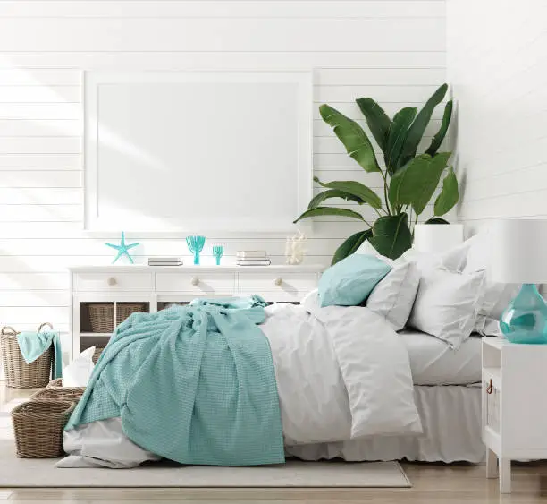 Photo of Mock up frame in bedroom interior, marine room with sea decor and furniture, Coastal style