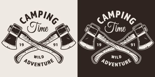 Monochrome camping season print Monochrome camping season print with tourist crossed axes in vintage style isolated vector illustration axe stock illustrations