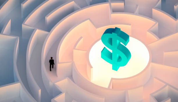 Man in suit walking in a maze or labyrinth seeking or looking for wealth or money symbolized by a dollar sign. Business, career, finance concepts. 3d render illustration. Man in suit walking in a maze or labyrinth seeking or looking for wealth or money symbolized by a dollar sign. Business, career, finance concepts. 3d render illustration. currency chasing discovery making money stock pictures, royalty-free photos & images