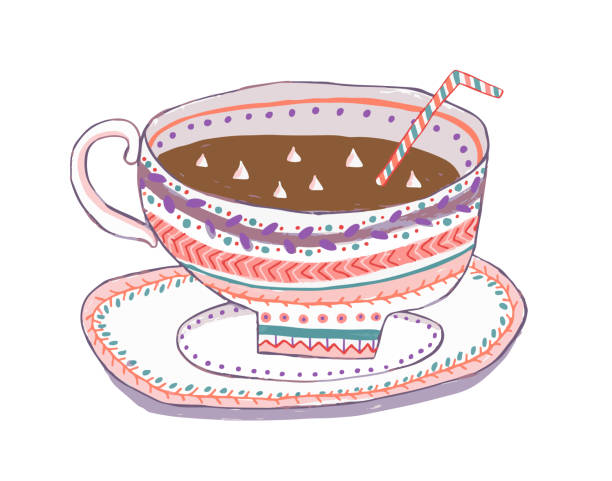 stockillustraties, clipart, cartoons en iconen met warme chocolademelk met meringues in een kleurrijke beker - hot chocolate purple
