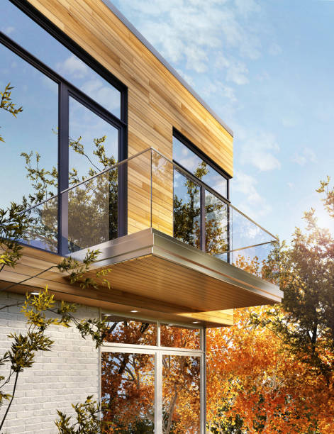 modernes house-design mit seitenbau - wood window stock-fotos und bilder