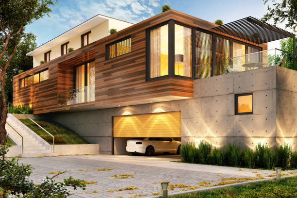 belle maison moderne avec un grand garage pour les voitures - house facade door residential structure photos et images de collection