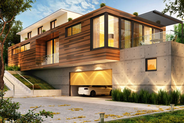 beautiful modern house with a large garage for cars - construction house indoors vehicle interior imagens e fotografias de stock