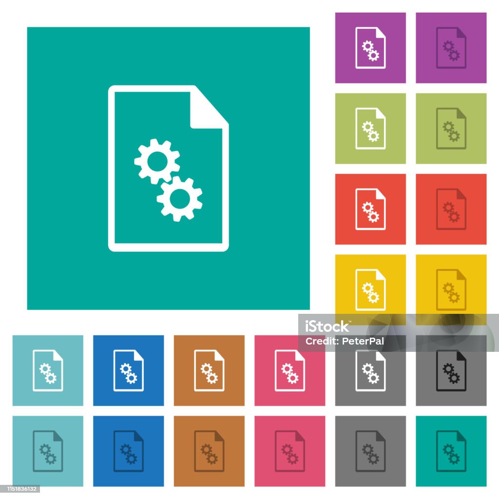 Executable file square flat multi colored icons Executable file multi colored flat icons on plain square backgrounds. Included white and darker icon variations for hover or active effects. Angle stock vector