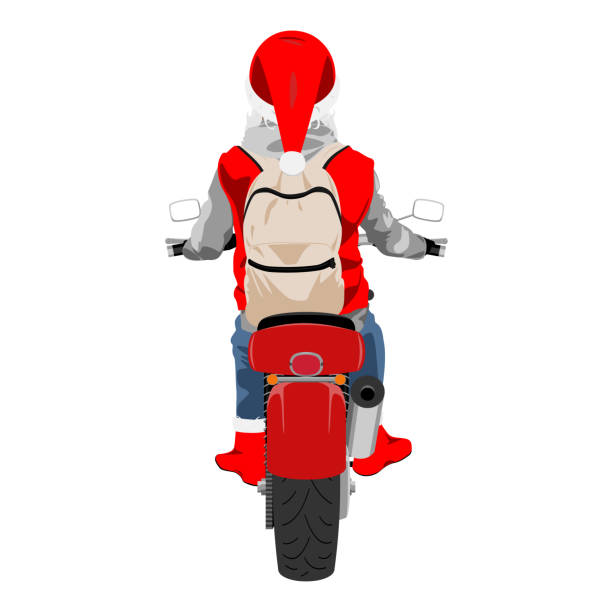 ilustraciones, imágenes clip art, dibujos animados e iconos de stock de santa claus en motocicleta vistiendo mochila vista posterior aislado ilustración vectorial - motorcycle motorcycle racing rear view riding