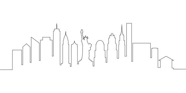 illustrazioni stock, clip art, cartoni animati e icone di tendenza di new york city skyline single line, illustrazione vettoriale - new york city skyline new york state freedom