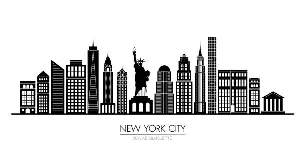 뉴욕 시 스카이라인 실루엣 평면 디자인, 벡터 일러스트 레이 션 - new york city skyline new york state freedom stock illustrations