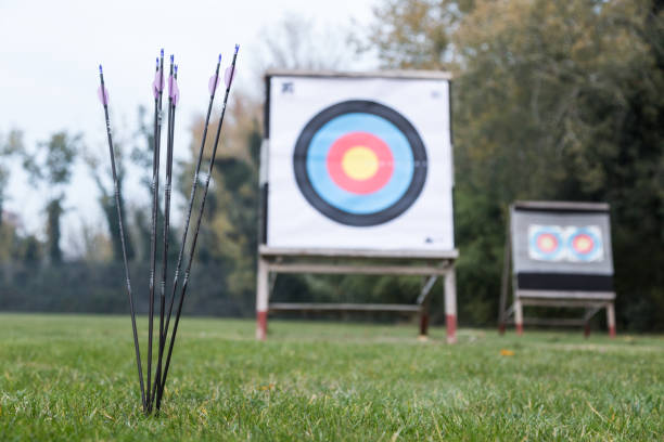 istock Outdoor archery targets on grass field surrounded by forest. 1151841296