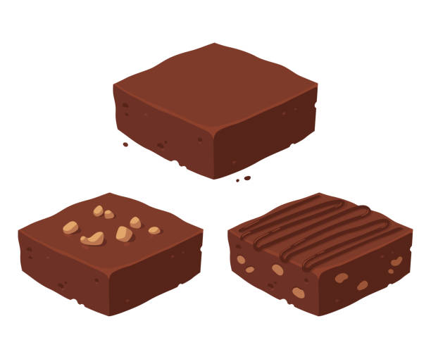 Chocolate brownie set Chocolate fudge brownie isometric piece set. Traditional, with nuts and cocoa frosting. Classic chocolate dessert vector clip art illustration. fudge stock illustrations