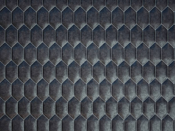 Leather stitched hexagon or honecomb black shiny texture or background with bumps. 3d render, 3d illustration