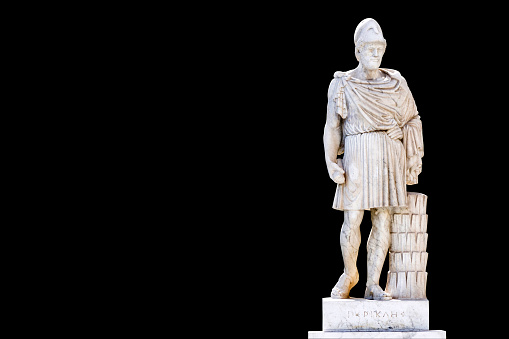 Full body Statue of ancient Greek statesman Pericles at Athinas street in Athens, Greece