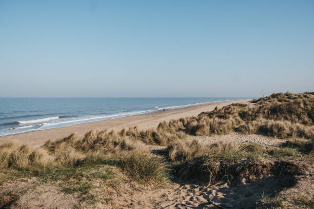 vue de la colline sur la plage d’hemsby, norfolk, royaume-uni. - horizon over water england uk summer photos et images de collection